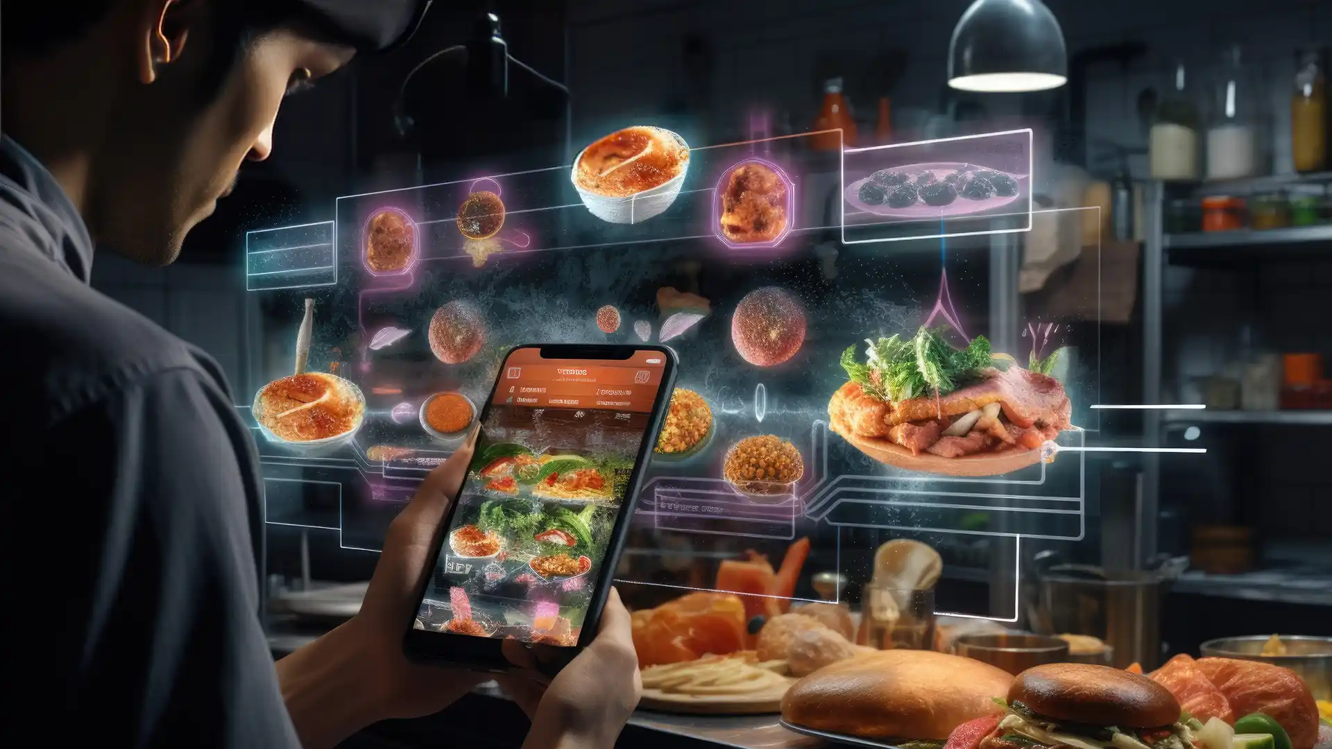 Restaurant moderne avec robots cuisiniers et interfaces IA