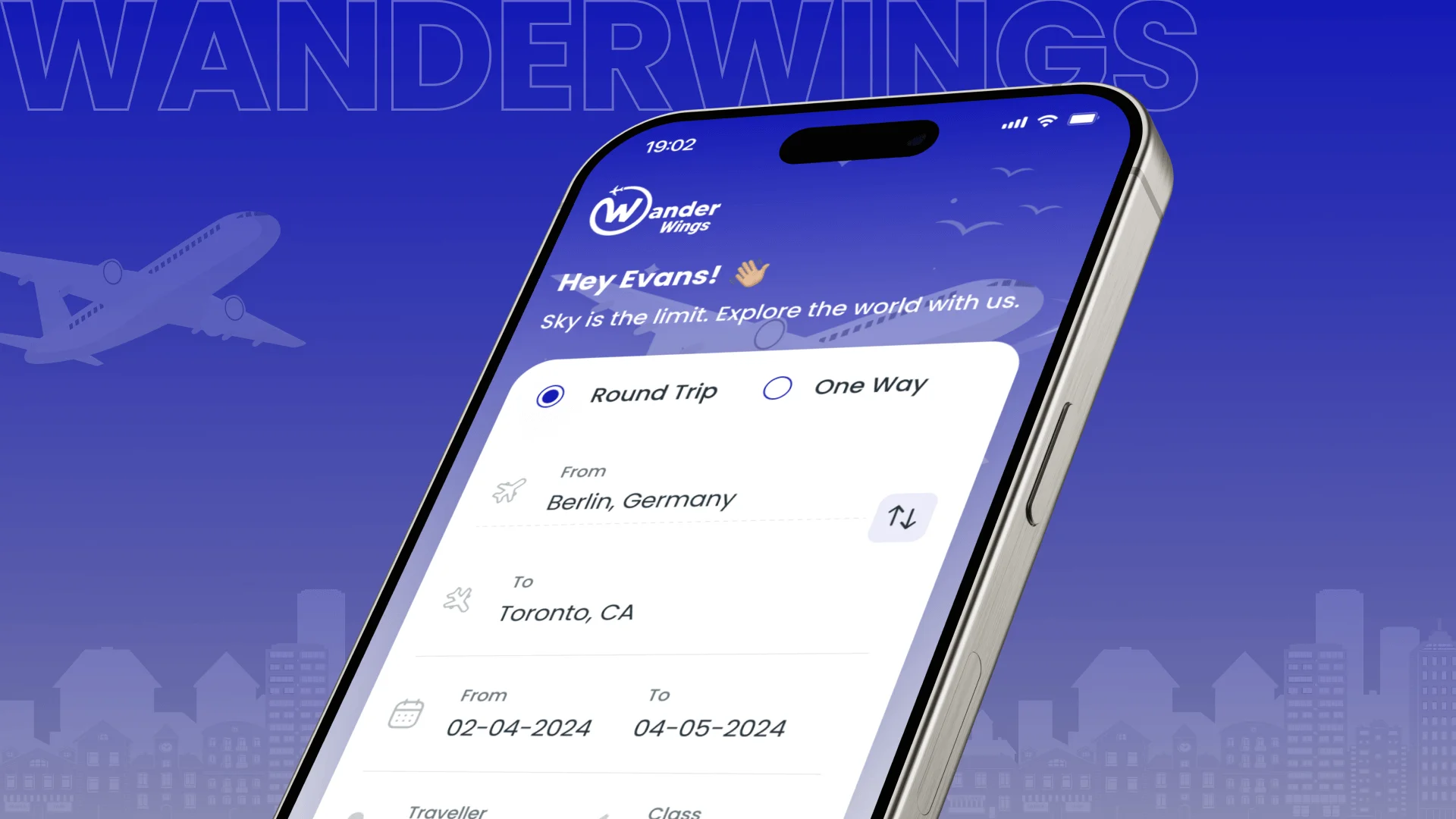 Interface de l'application Wanderwings montrant des options de vols et hôtels