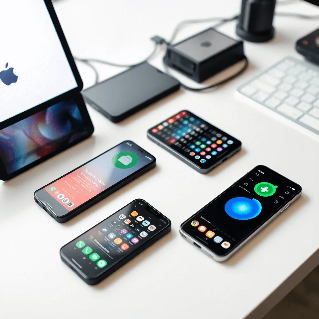 modern mobile app development workspace with multiple smartphones displaying various app interfaces, iOS and Android development, creative tech environment